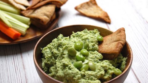 edamame hummus pita chips in wood bowl