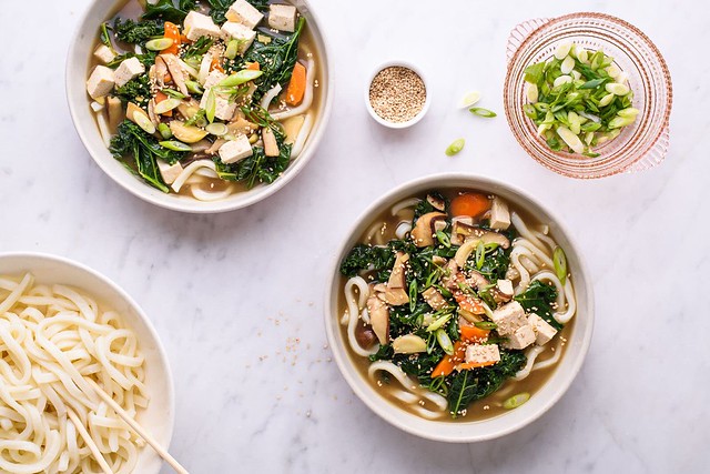 asian noodle soup in bowls