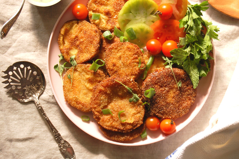 platter of fried green tomatoes with green goddess dressing
