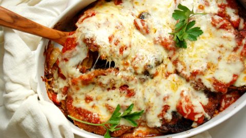 eggplant parmesan recipe baked with sauce and cheese
