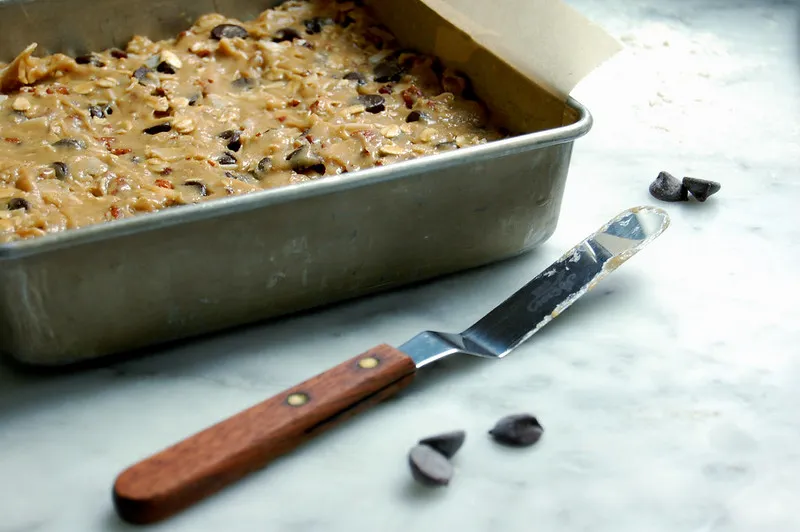 pan of raw cowboy cookie bars before baking