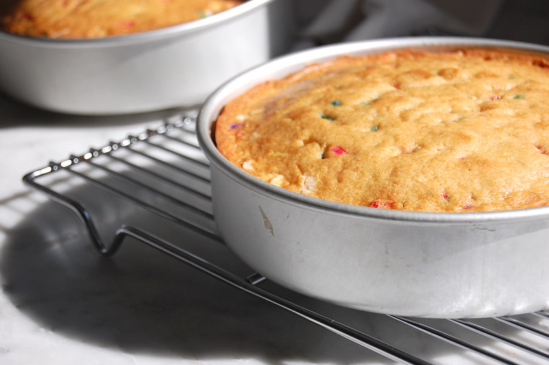 rainbow sprinkle cake baked in cake pans