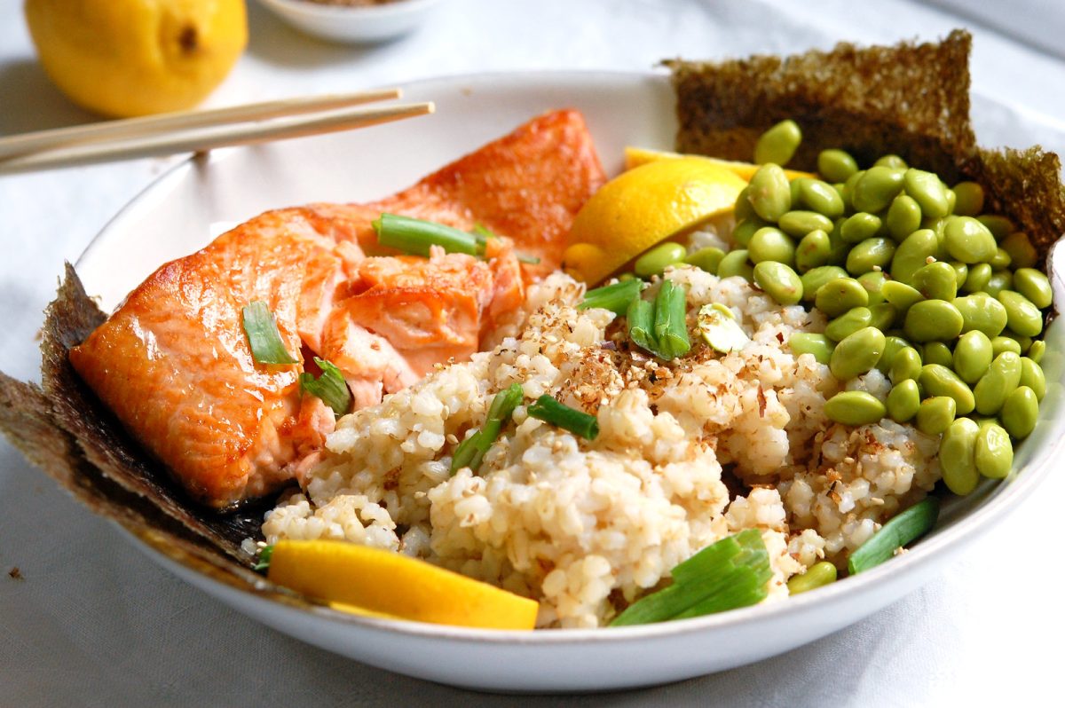 Japanese salmon edamame grain bowl