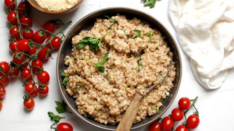 bowl of parmesan easy farro whole-grain recipe with parmesan and butter