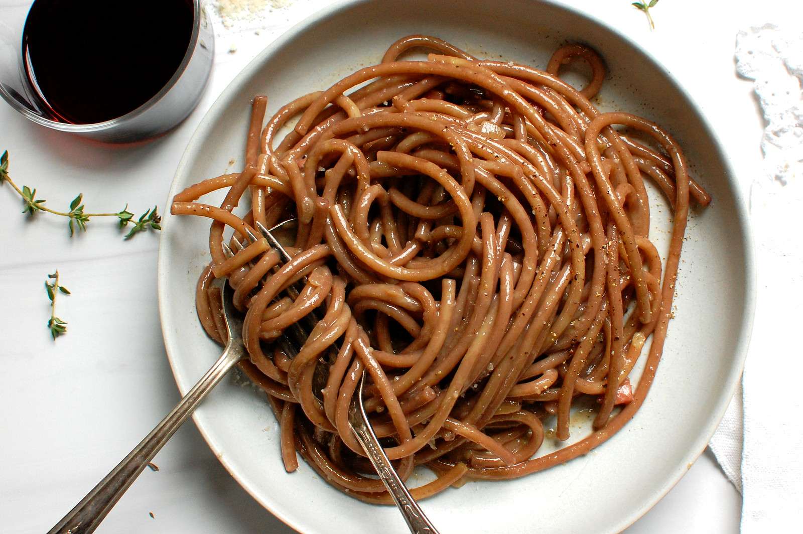 Red Wine Spaghetti Carbonara Recipe | Unpeeled Journal