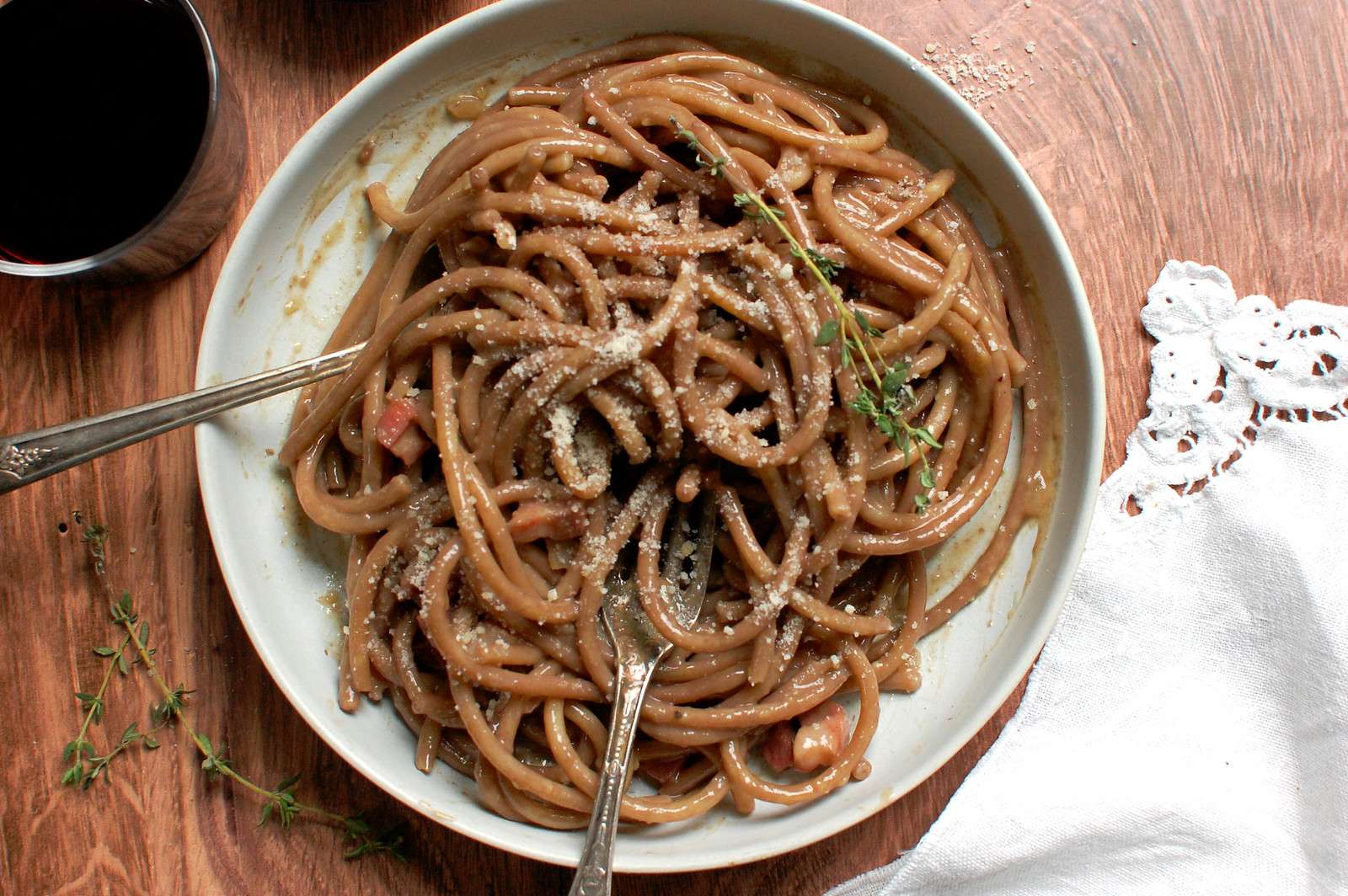 Red Wine Spaghetti Carbonara Recipe | Unpeeled Journal