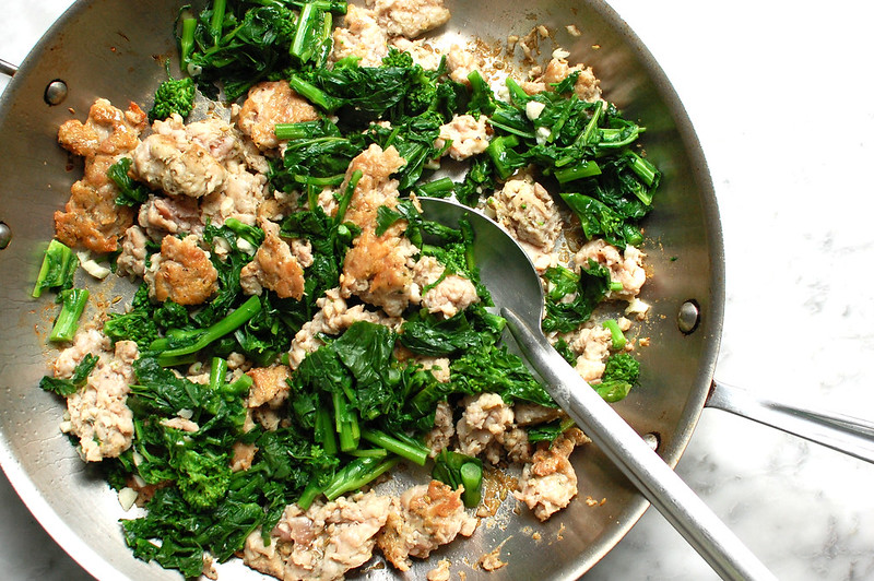 crumbled Italian sausage and rapini in skillet before adding pasta