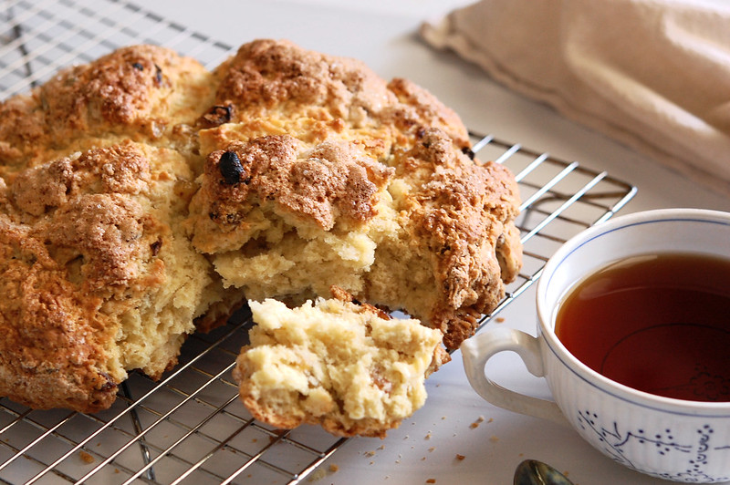 baked spotted dog soda bread on cooling rack