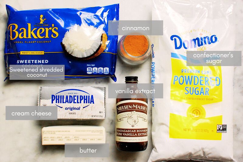 ingredients for irish potato candies: coconut, vanilla, cream cheese, butter, cinnamon, powdered sugar