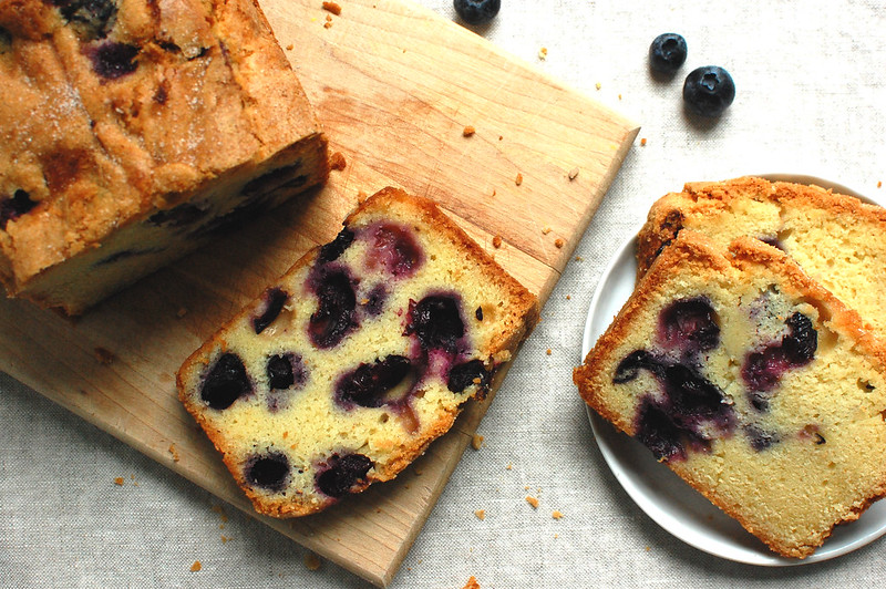 sliced blueberry cake with juicy blueberries