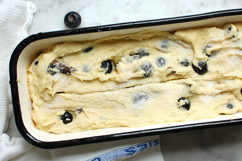 blueberry pound cake batter in cake pan before baking