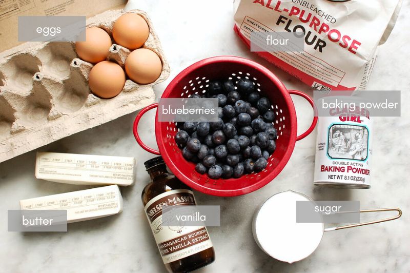 ingredients for blueberry pound cake: eggs, butter, vanilla, blueberries, sugar, flour, baking powder