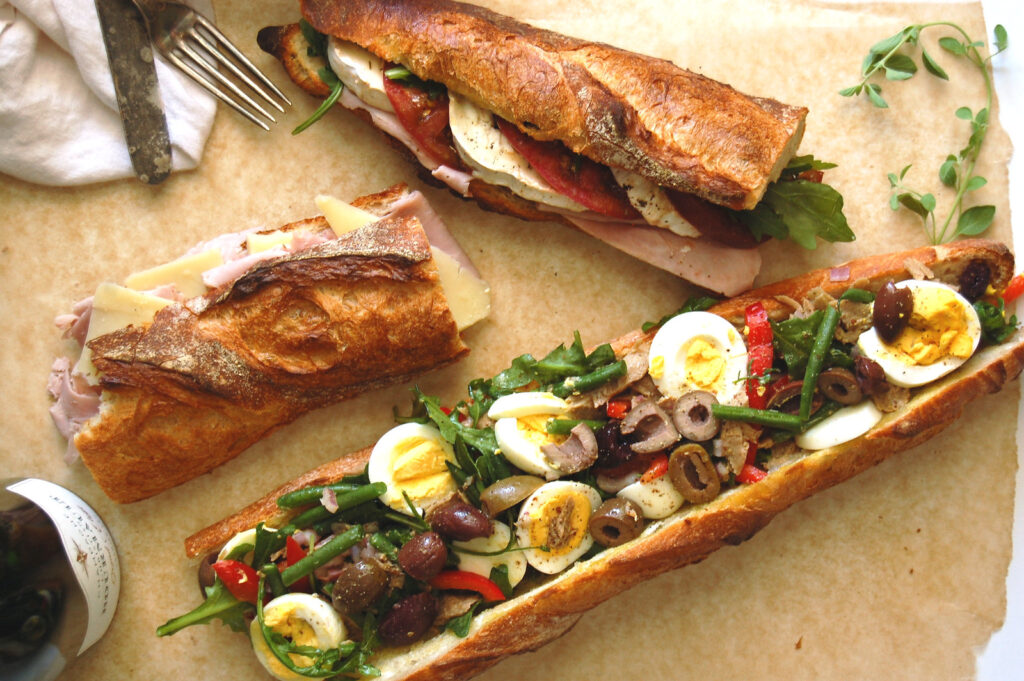 array of traditional baguette sandwiches like in France.
