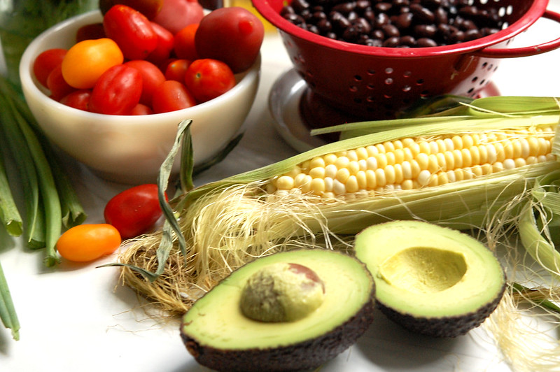 corn, avocado, tomatoes, and black beans