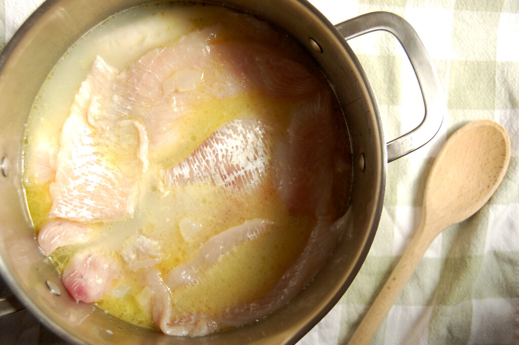 Haddock fish simmering whole on top of potatoes and onions in milky broth for fish chowder