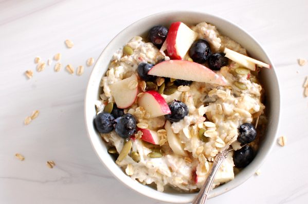 bowl of high protein overnight oats