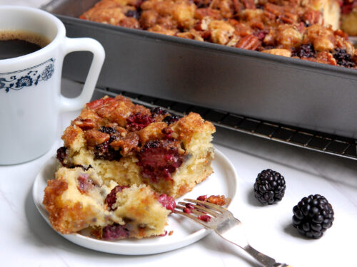 homemade blackberry coffee cake recipe with coffee and fork