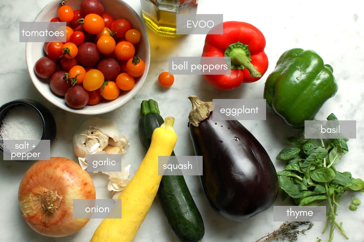 ingredients for traditional ratatouille on kitchen counter