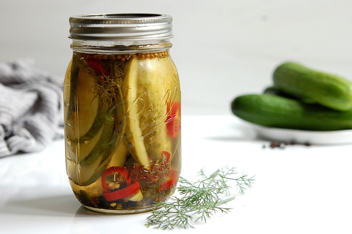Homemade refrigerator dill pickles in mason jar with garlic, dill, and spices.