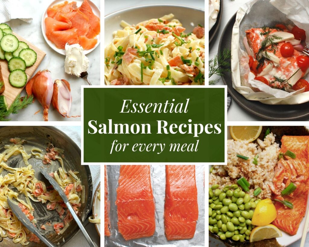 Salmon recipes collage featuring salmon en papillote on a plate, creamy smoked salmon pasta in a bowl with lemon, smoked salmon smørrebrød with cucumber and dill, a process shot of cooking salmon, Japanese salmon bowl, and raw salmon filets.