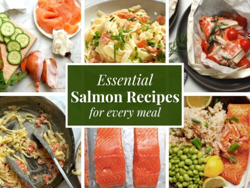 Salmon recipes collage featuring salmon en papillote on a plate, creamy smoked salmon pasta in a bowl with lemon, smoked salmon smørrebrød with cucumber and dill, a process shot of cooking salmon, Japanese salmon bowl, and raw salmon filets.