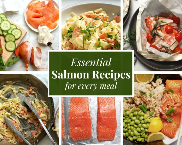 Salmon recipes collage featuring salmon en papillote on a plate, creamy smoked salmon pasta in a bowl with lemon, smoked salmon smørrebrød with cucumber and dill, a process shot of cooking salmon, Japanese salmon bowl, and raw salmon filets.