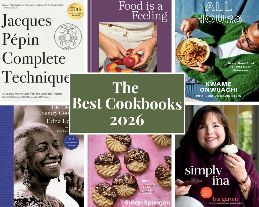 the best cookbooks of 2026 collage of book covers, including Jacques Pepin, Carla Lalli, Edna Lewis, Ina Garten, and more