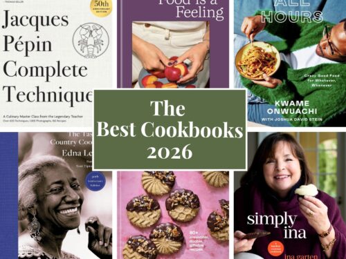 the best cookbooks of 2026 collage of book covers, including Jacques Pepin, Carla Lalli, Edna Lewis, Ina Garten, and more